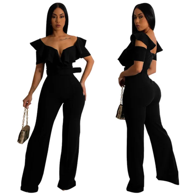 Combinaison Pantalon femme Chic à volants et jambes Larges - Style Vintage , Taille Haute & Ceinture