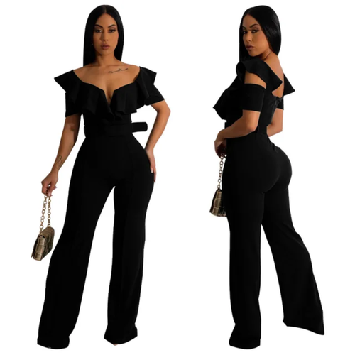 Combinaison Pantalon femme Chic à volants et jambes Larges - Style Vintage , Taille Haute & Ceinture